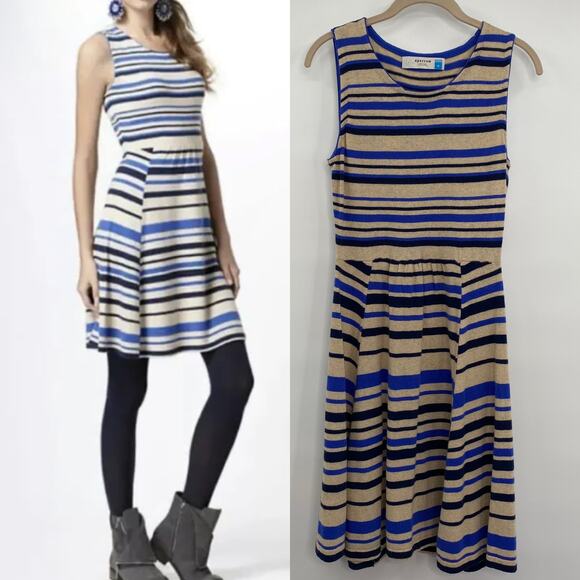 Anthropologie Cashmere Wool Blend Dress Fit and Flare Blue Tan Womens Medium - Picture 1 of 6